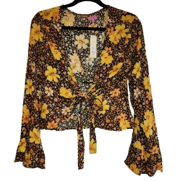 miami Tops - NWT Miami Yellow Brown & Black Floral Blouse Front Tie Size S Bell Long Sleeves